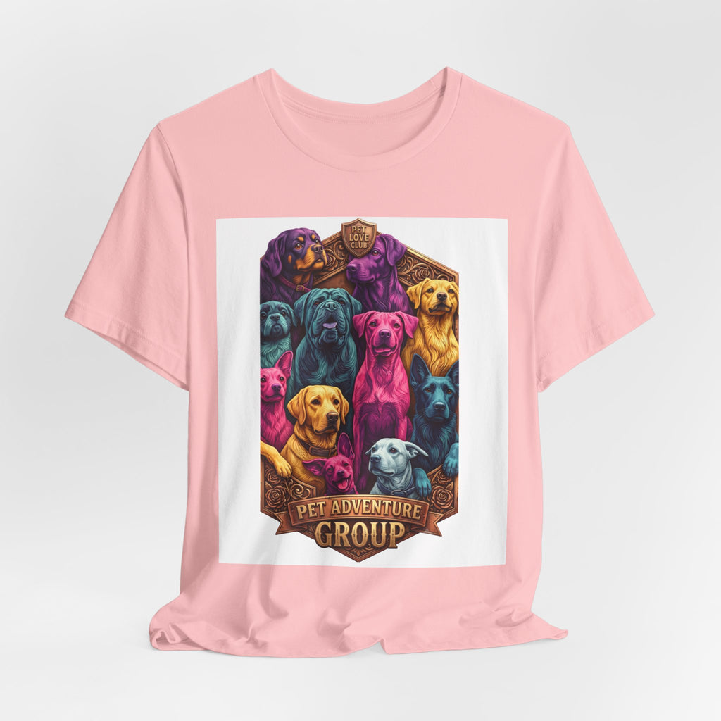 Dog Pack Graphic Tee — "Pet Adventure Group" Colorful Puppy Crewneck
