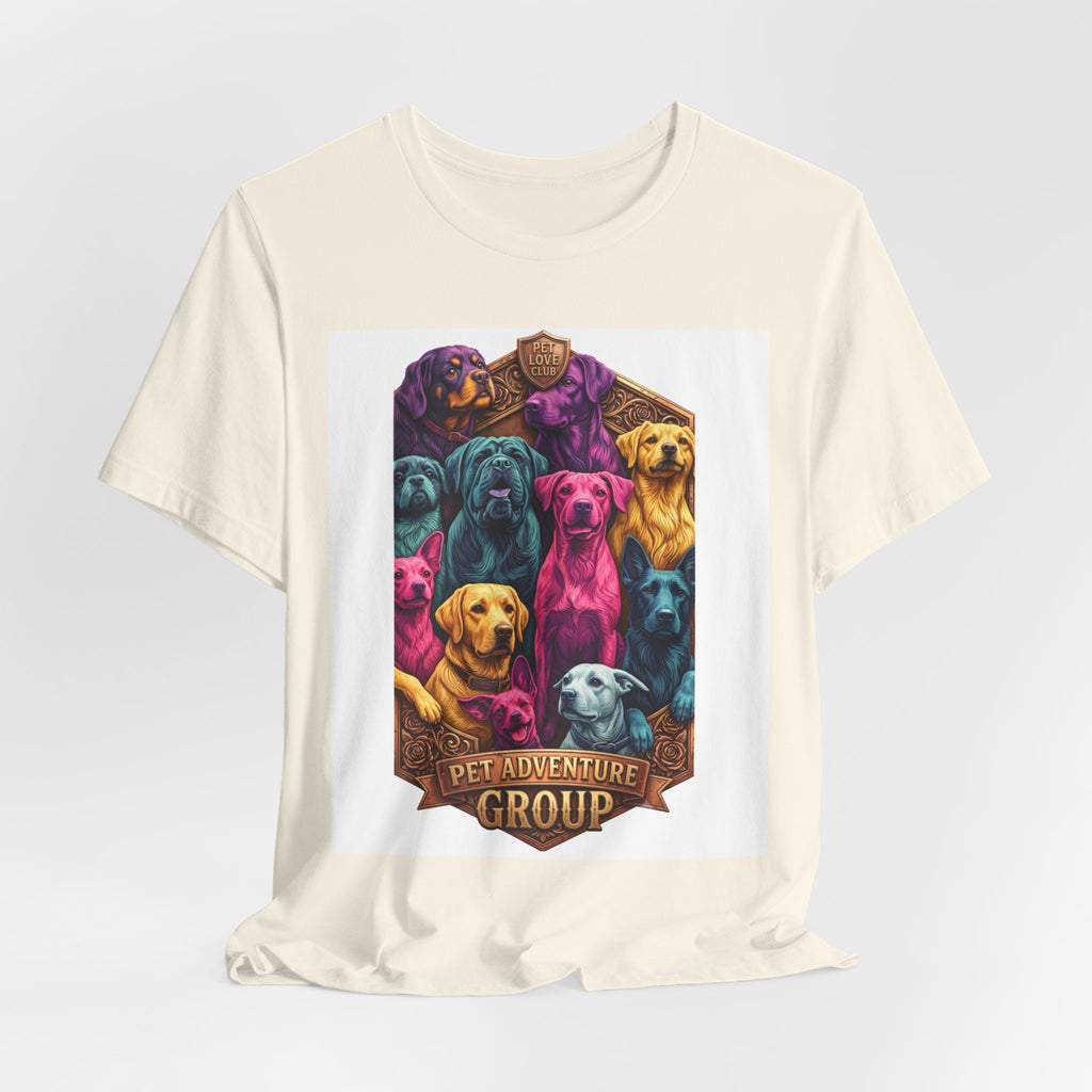 Dog Pack Graphic Tee — "Pet Adventure Group" Colorful Puppy Crewneck