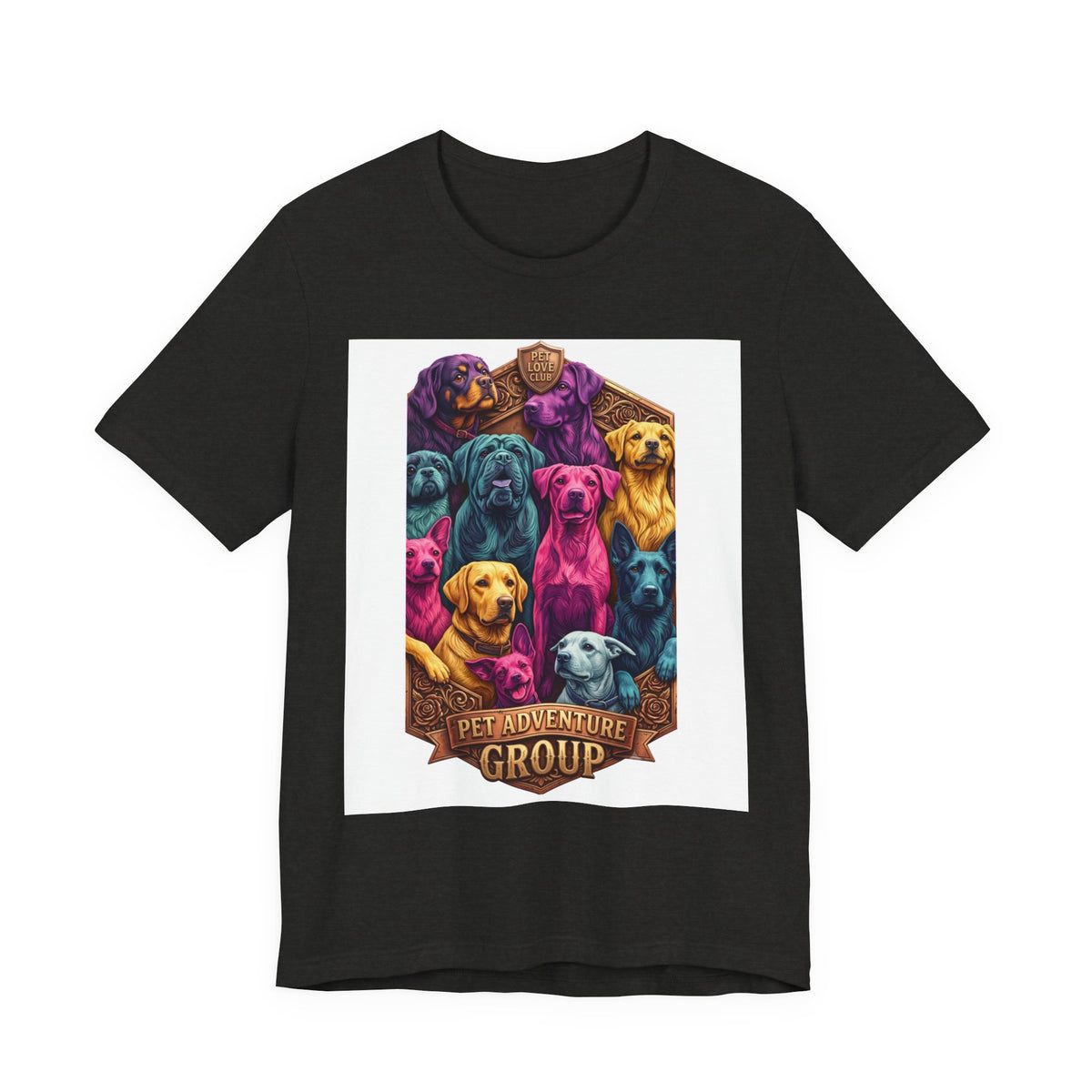 Dog Pack Graphic Tee — "Pet Adventure Group" Colorful Puppy Crewneck