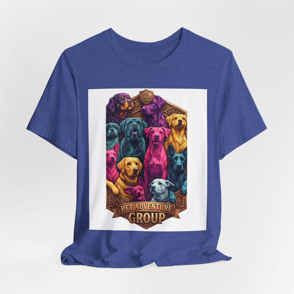 Dog Pack Graphic Tee — "Pet Adventure Group" Colorful Puppy Crewneck