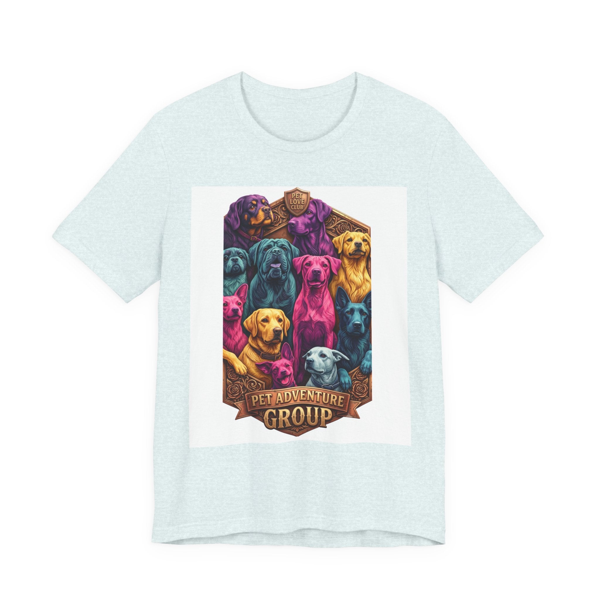 Dog Pack Graphic Tee — "Pet Adventure Group" Colorful Puppy Crewneck