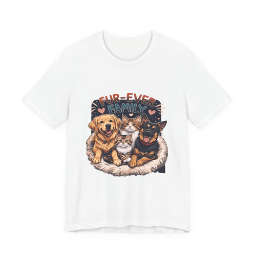 Fur-Ever Family Dogs and Cats T-Shirt in White, front view, print preview rendered from the print file