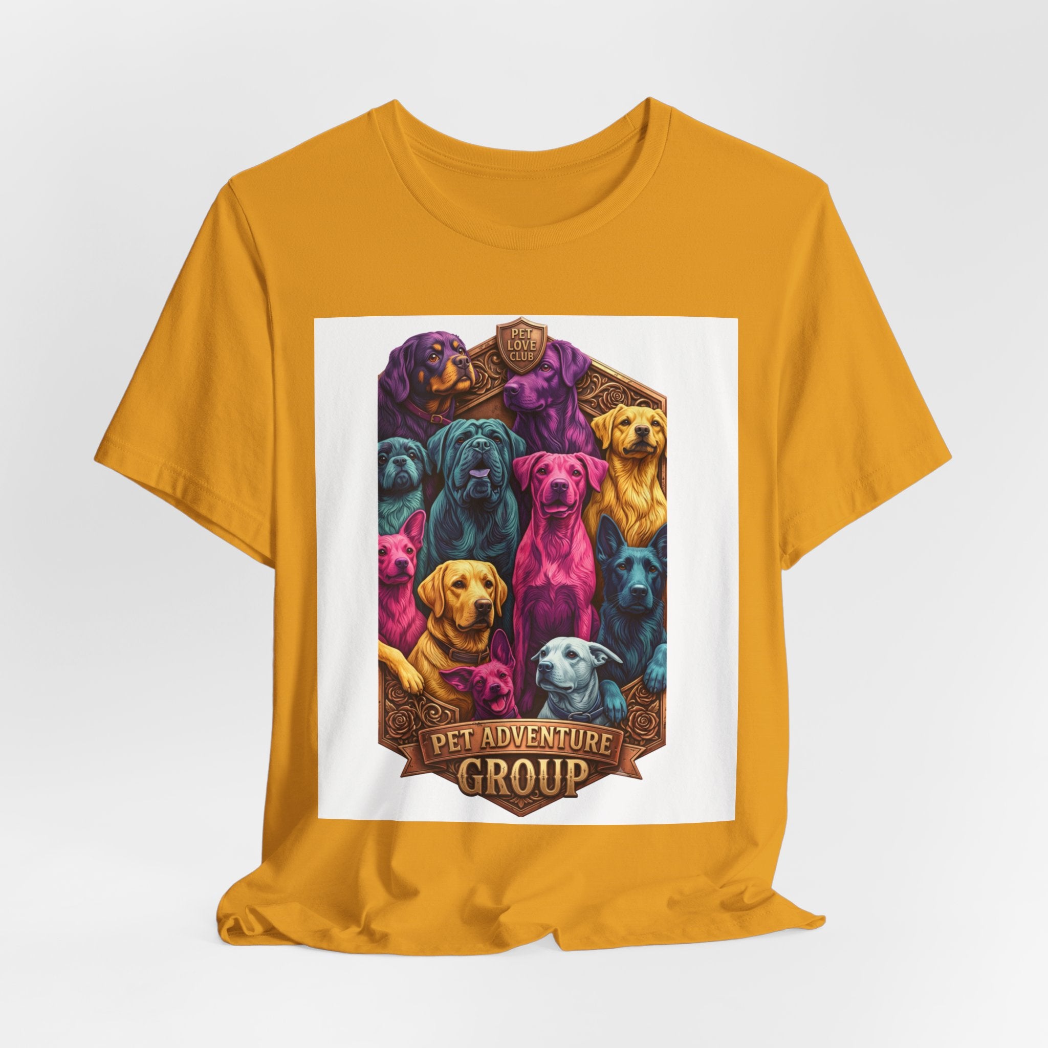 Dog Pack Graphic Tee — "Pet Adventure Group" Colorful Puppy Crewneck