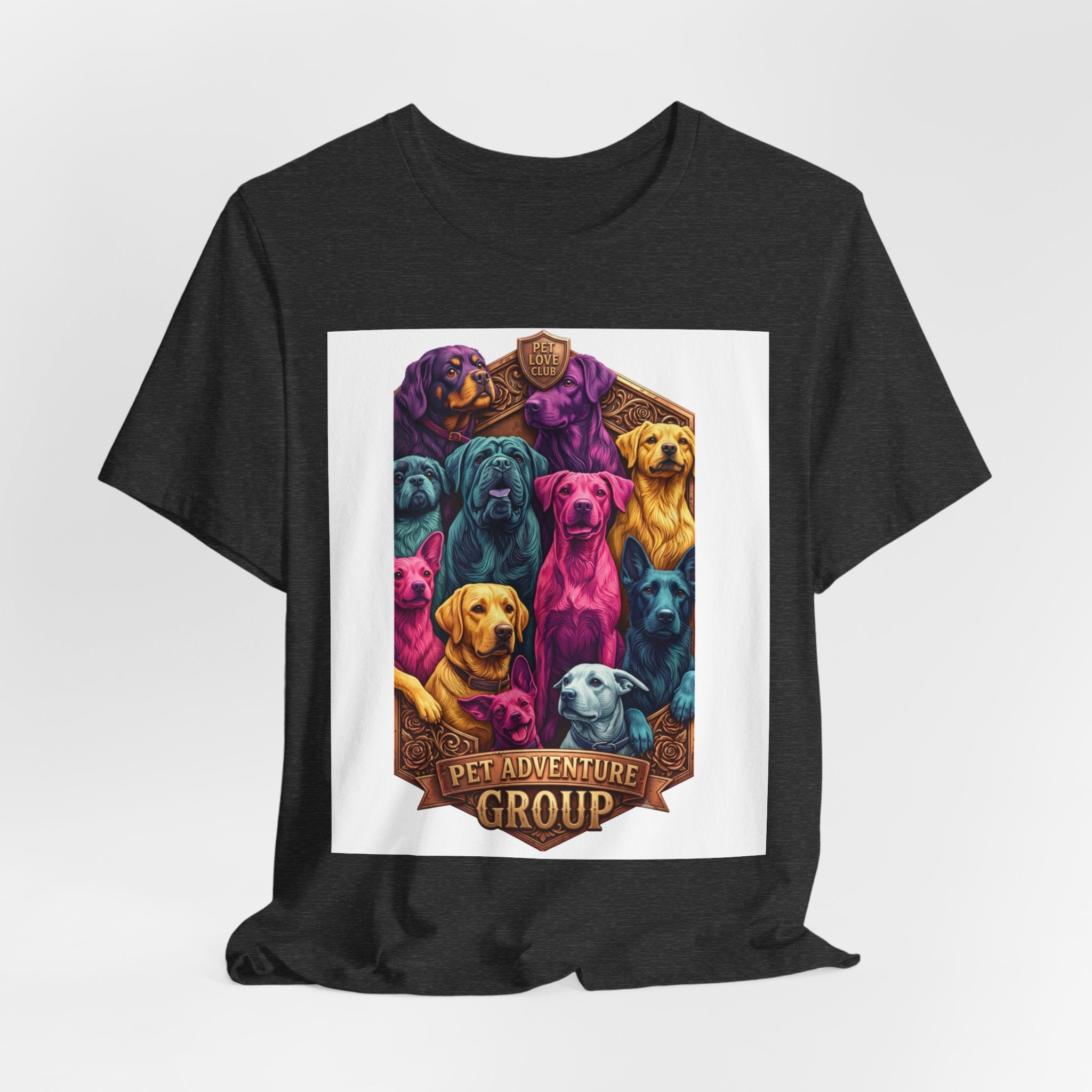 Dog Pack Graphic Tee — "Pet Adventure Group" Colorful Puppy Crewneck