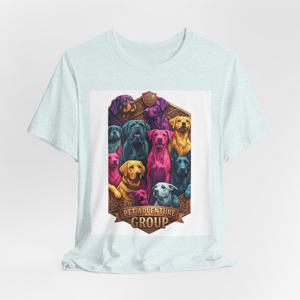 Dog Pack Graphic Tee — "Pet Adventure Group" Colorful Puppy Crewneck