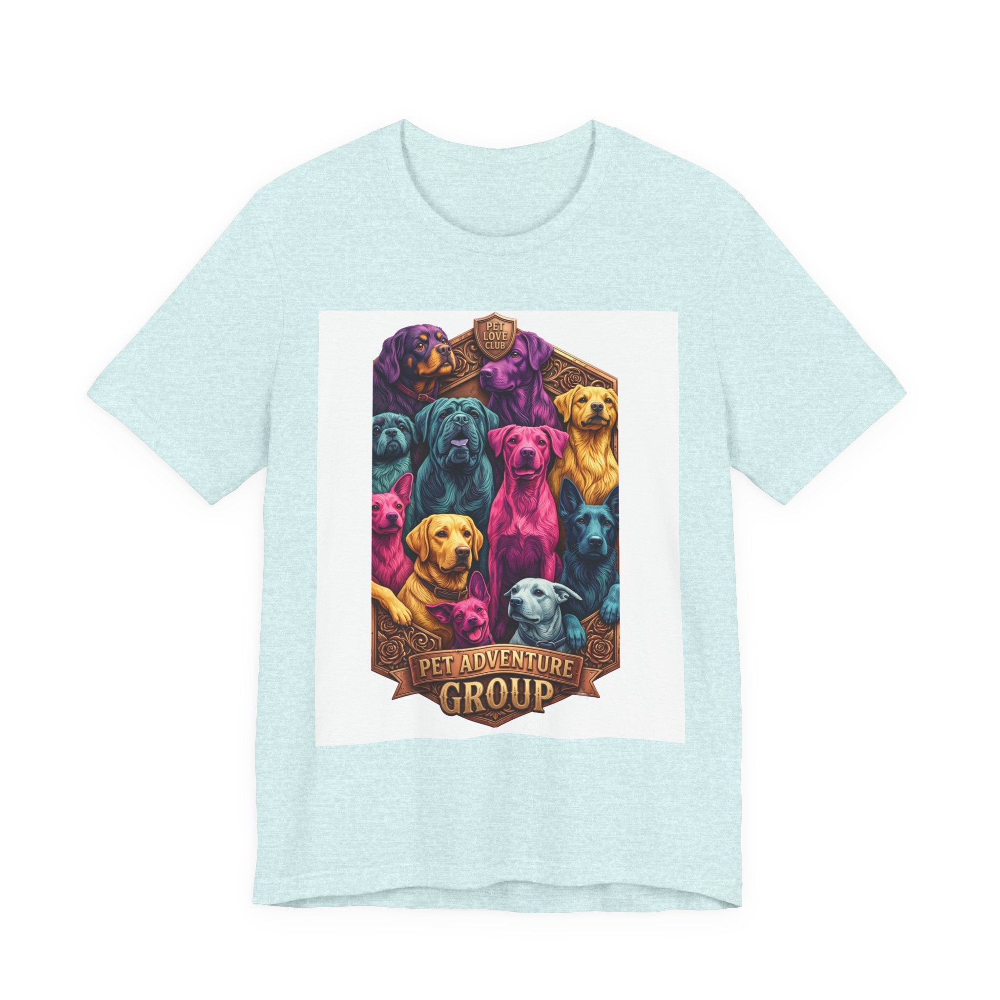 Dog Pack Graphic Tee — "Pet Adventure Group" Colorful Puppy Crewneck
