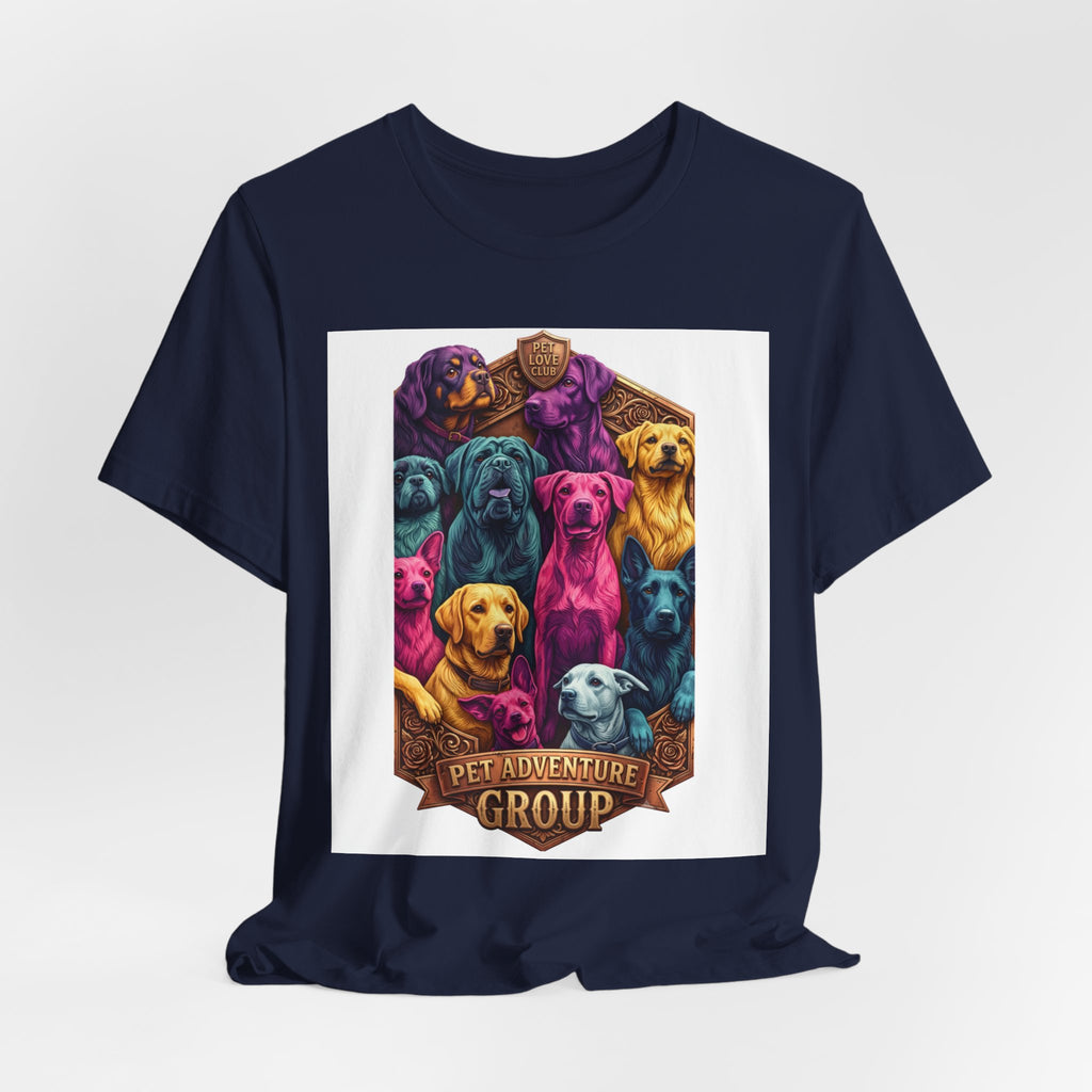 Dog Pack Graphic Tee — "Pet Adventure Group" Colorful Puppy Crewneck