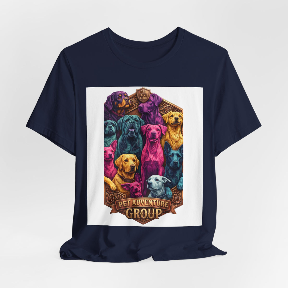Dog Pack Graphic Tee — "Pet Adventure Group" Colorful Puppy Crewneck