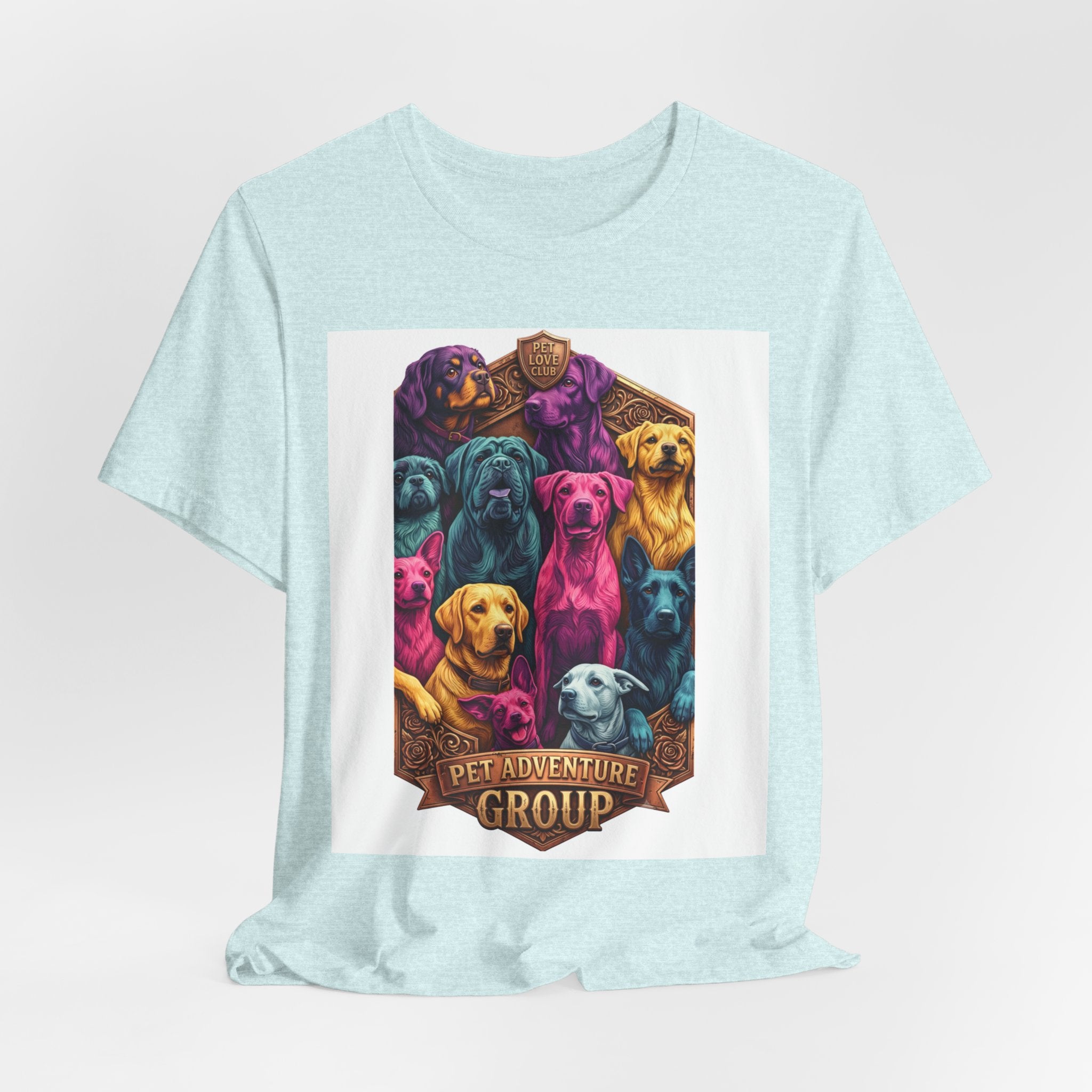Dog Pack Graphic Tee — "Pet Adventure Group" Colorful Puppy Crewneck