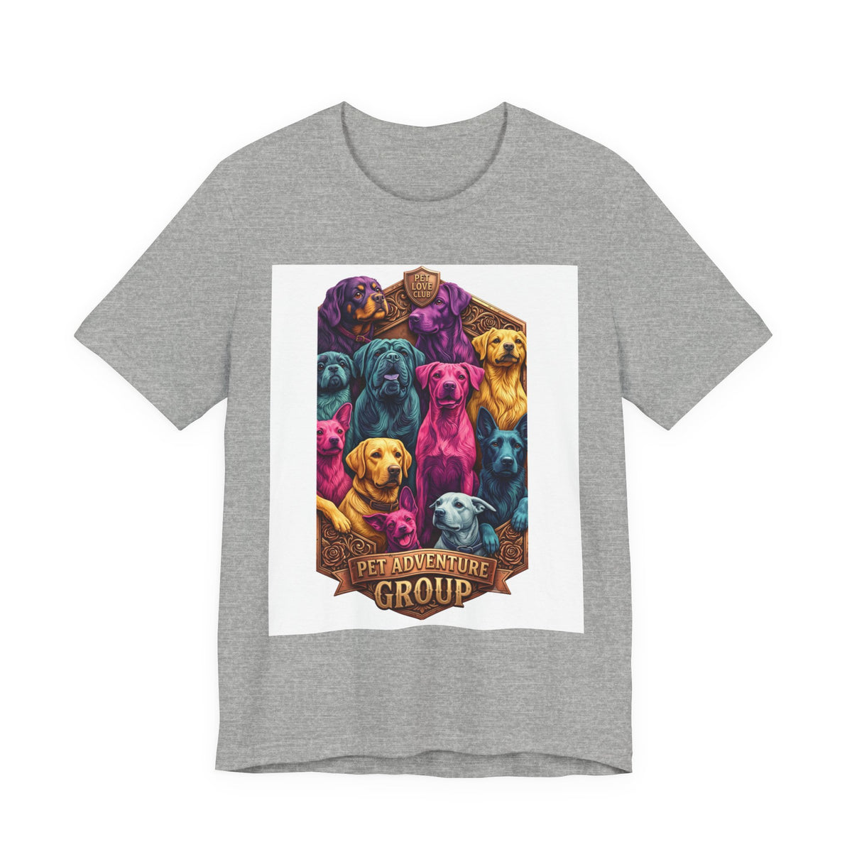 Dog Pack Graphic Tee — "Pet Adventure Group" Colorful Puppy Crewneck