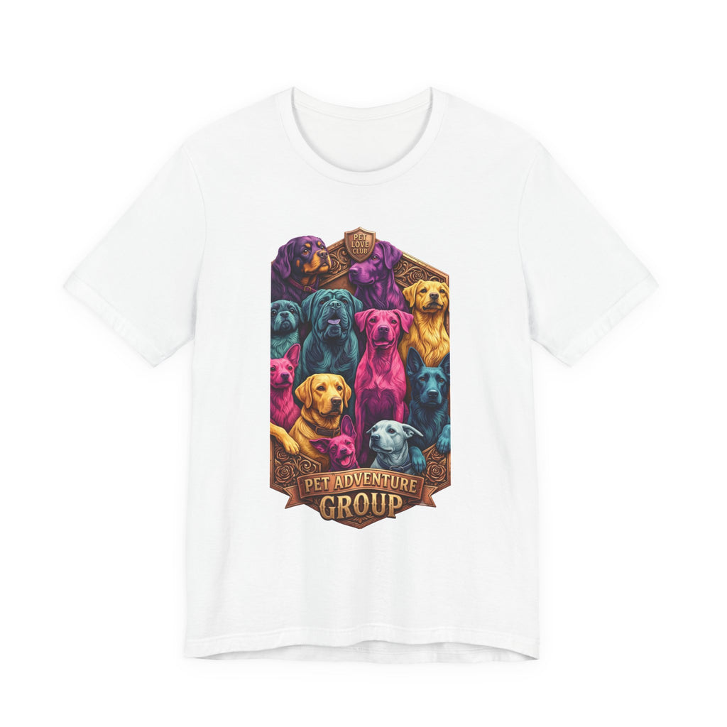 Pet Adventure Group Colorful Dog Pack T-Shirt in White, front view, print preview rendered from the print file