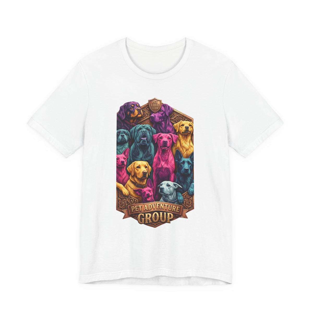 Dog Pack Graphic Tee — "Pet Adventure Group" Colorful Puppy Crewneck