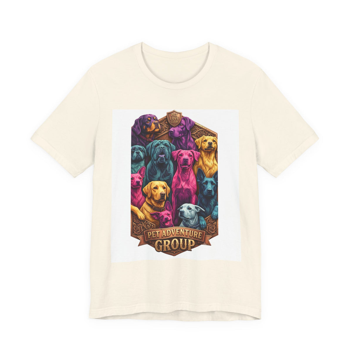 Dog Pack Graphic Tee — "Pet Adventure Group" Colorful Puppy Crewneck
