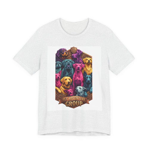 Dog Pack Graphic Tee — "Pet Adventure Group" Colorful Puppy Crewneck