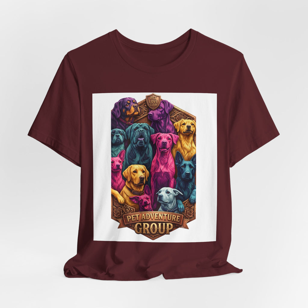 Dog Pack Graphic Tee — "Pet Adventure Group" Colorful Puppy Crewneck