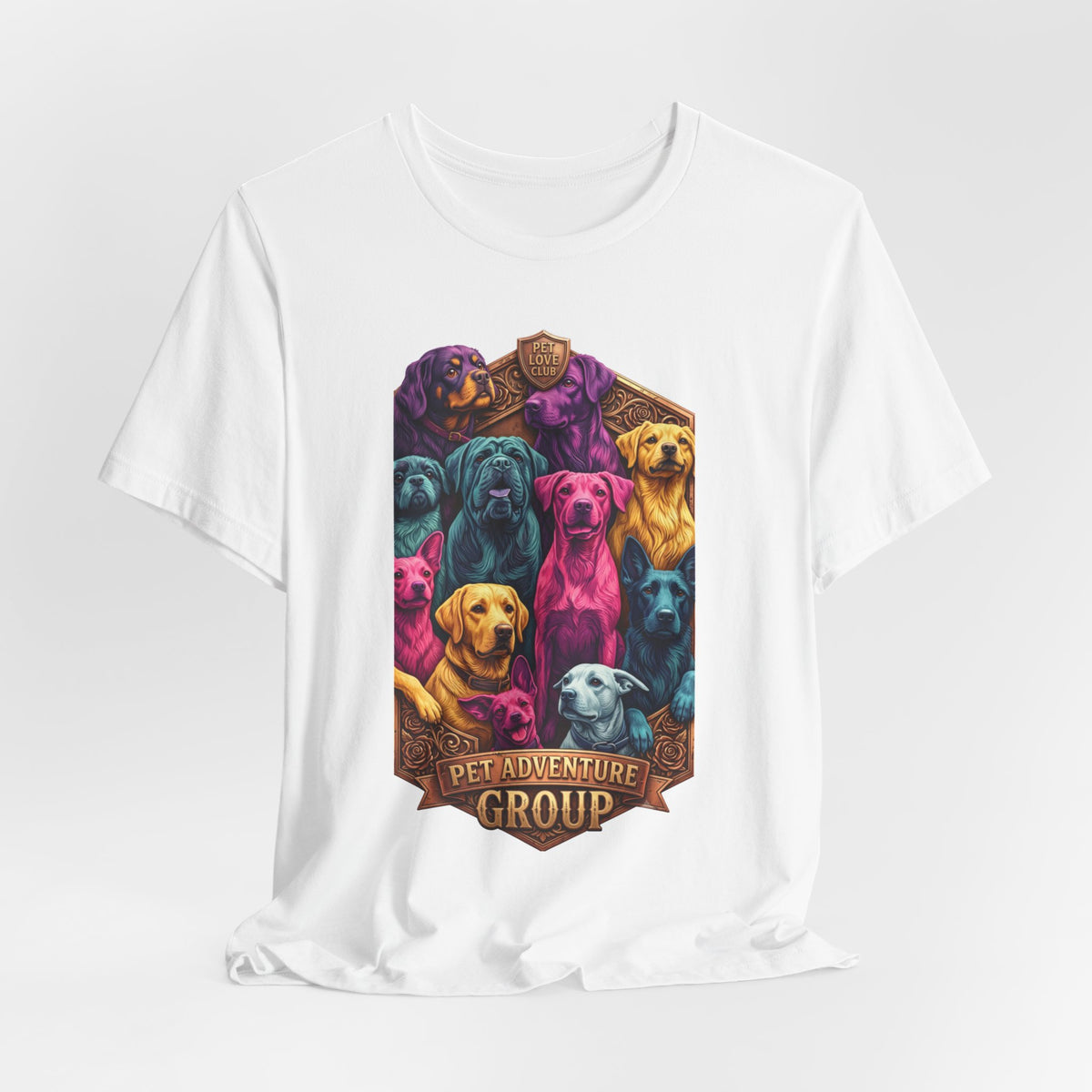 Dog Pack Graphic Tee — "Pet Adventure Group" Colorful Puppy Crewneck
