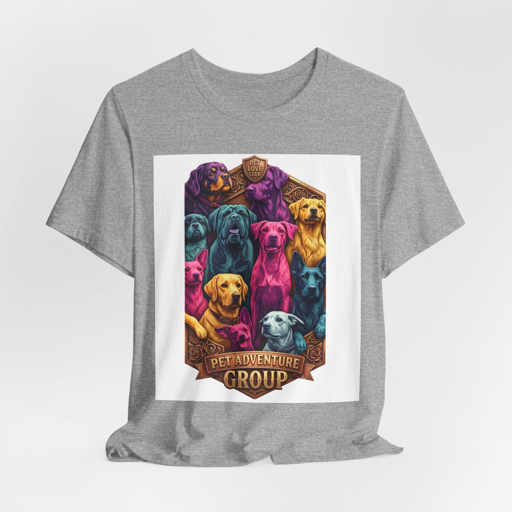Dog Pack Graphic Tee — "Pet Adventure Group" Colorful Puppy Crewneck