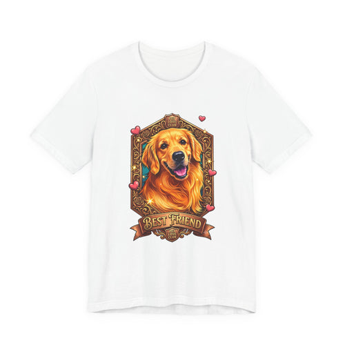 Best Friend Golden Retriever Portrait T-Shirt in White, front view, print preview rendered from the print file