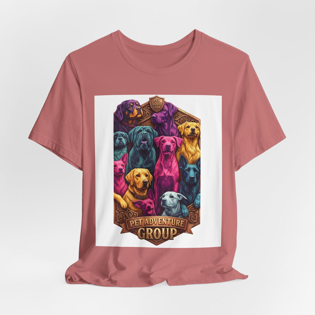 Dog Pack Graphic Tee — "Pet Adventure Group" Colorful Puppy Crewneck