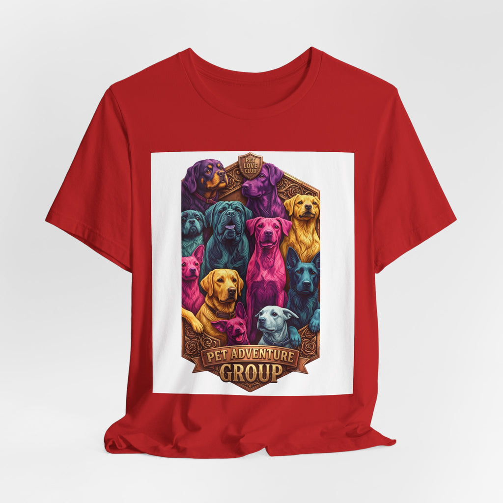 Dog Pack Graphic Tee — "Pet Adventure Group" Colorful Puppy Crewneck