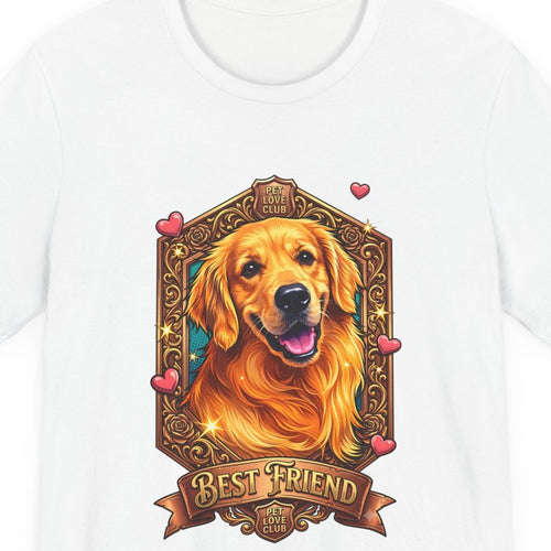 Close-up of the Best Friend Golden Retriever Portrait print on the White tee, rendered from the print file