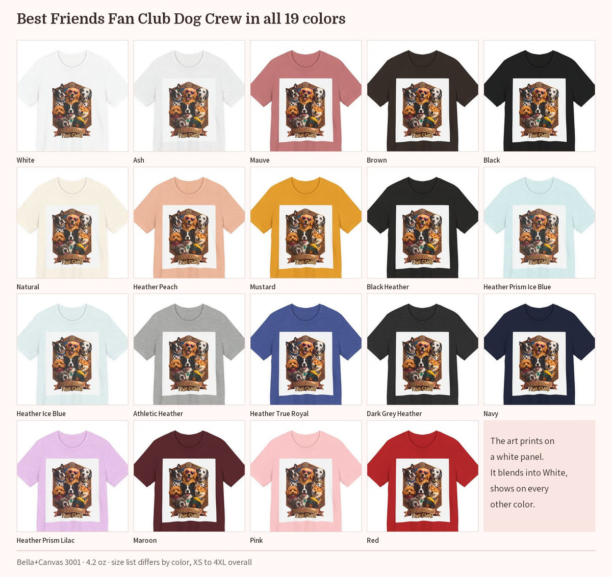 Best Friends Fan Club Dog Crew T-Shirt in all 19 colors side by side, print panel visible on every color except White
