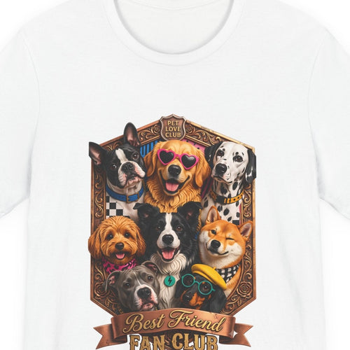 Close-up of the Best Friends Fan Club Dog Crew print on the White tee, rendered from the print file