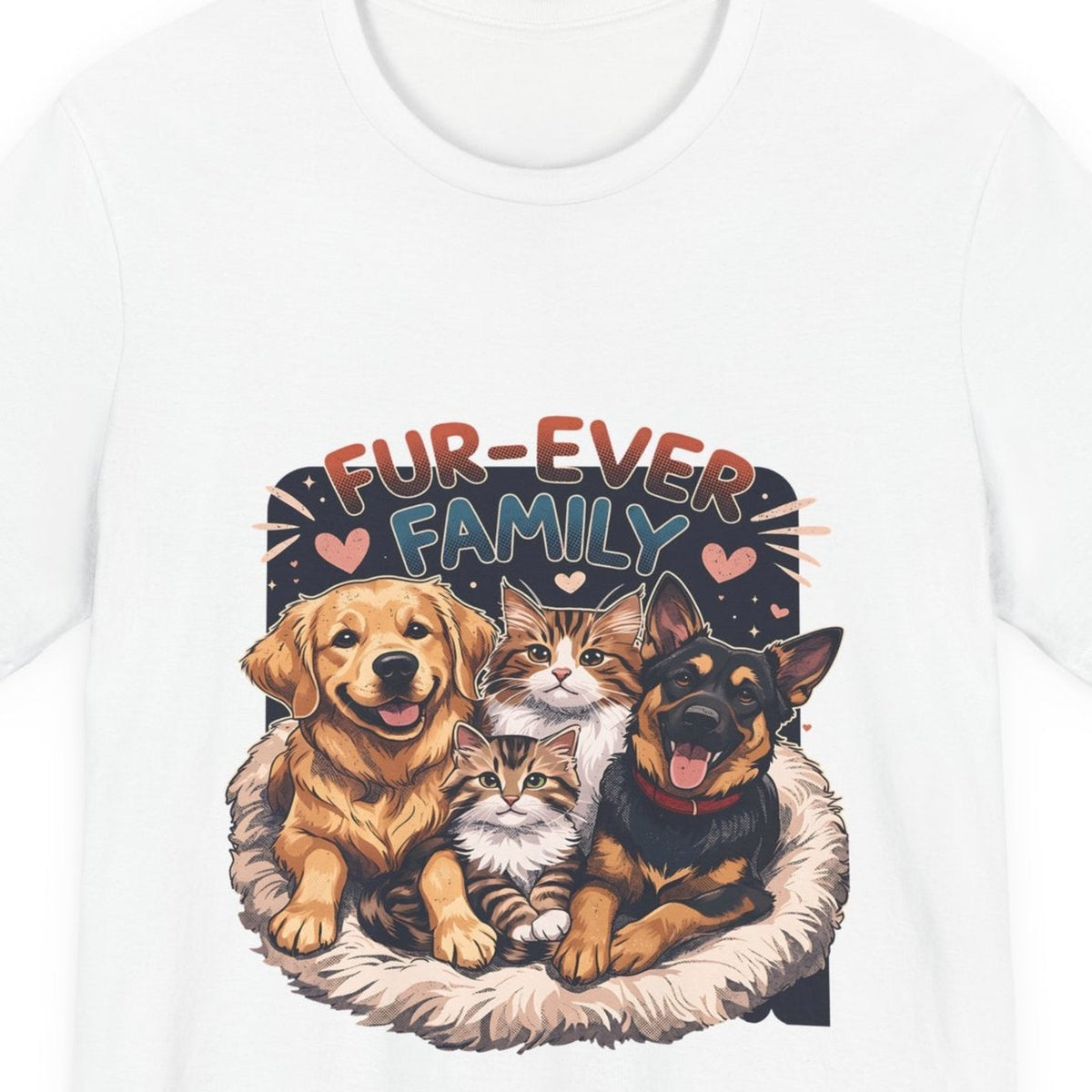 Close-up of the Fur-Ever Family Dogs and Cats print on the White tee, rendered from the print file