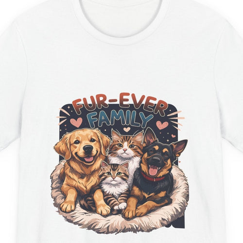 Close-up of the Fur-Ever Family Dogs and Cats print on the White tee, rendered from the print file