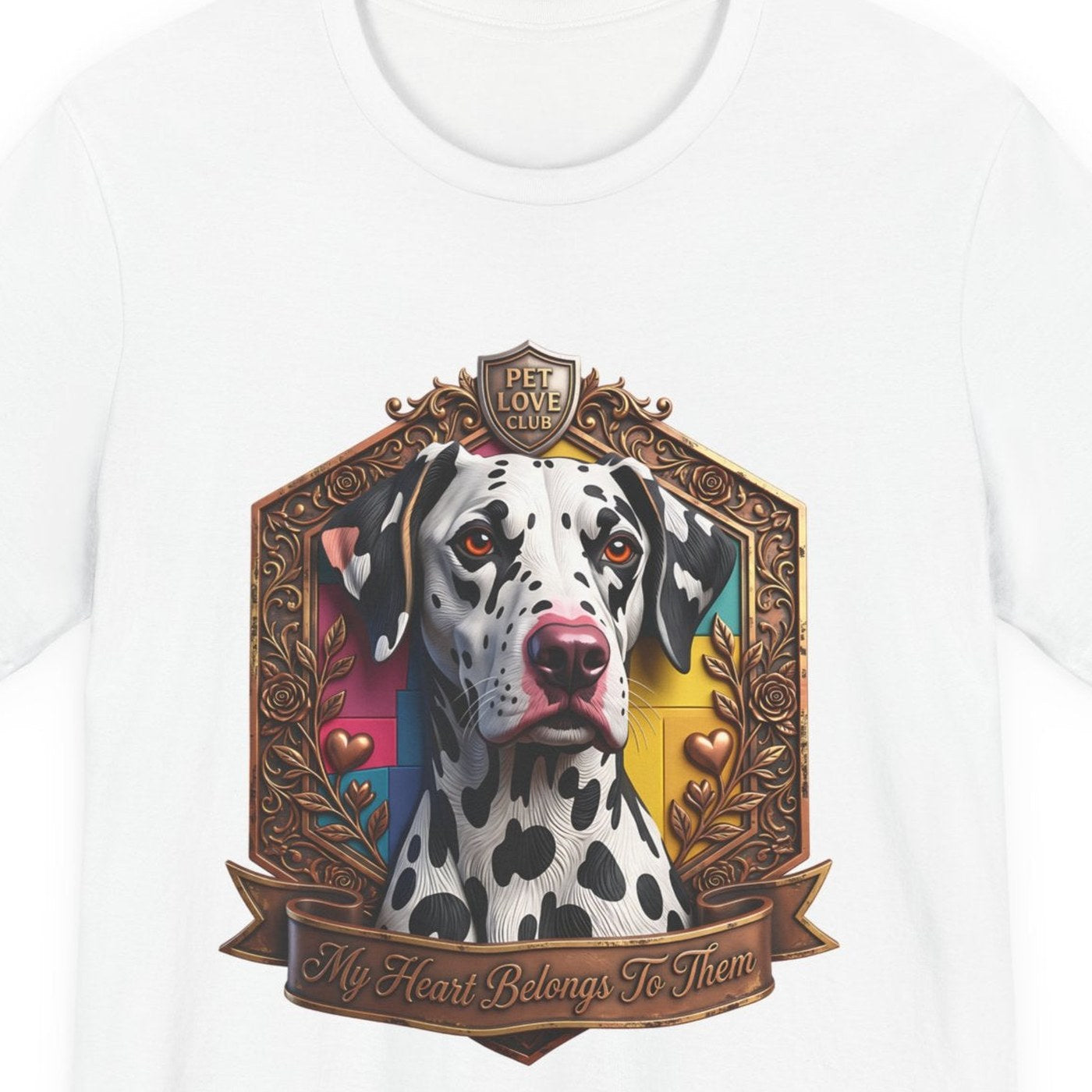 Close-up of the My Heart Belongs to Them Dalmatian Portrait print on the White tee, rendered from the print file