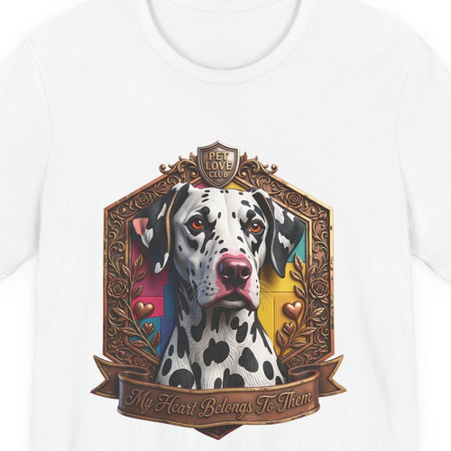 Close-up of the My Heart Belongs to Them Dalmatian Portrait print on the White tee, rendered from the print file
