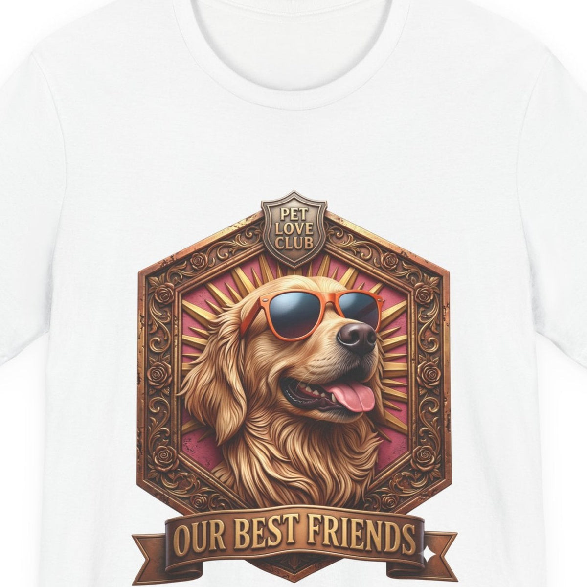 Close-up of the Our Best Friends Golden Retriever in Sunglasses print on the White tee, rendered from the print file
