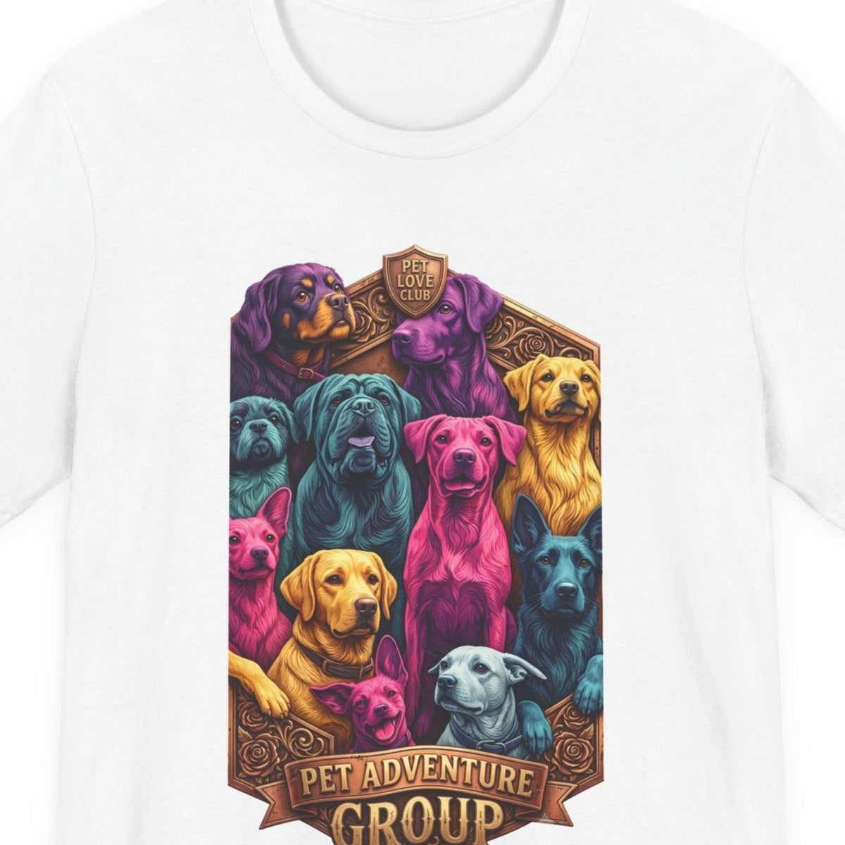 Close-up of the Pet Adventure Group Colorful Dog Pack print on the White tee, rendered from the print file