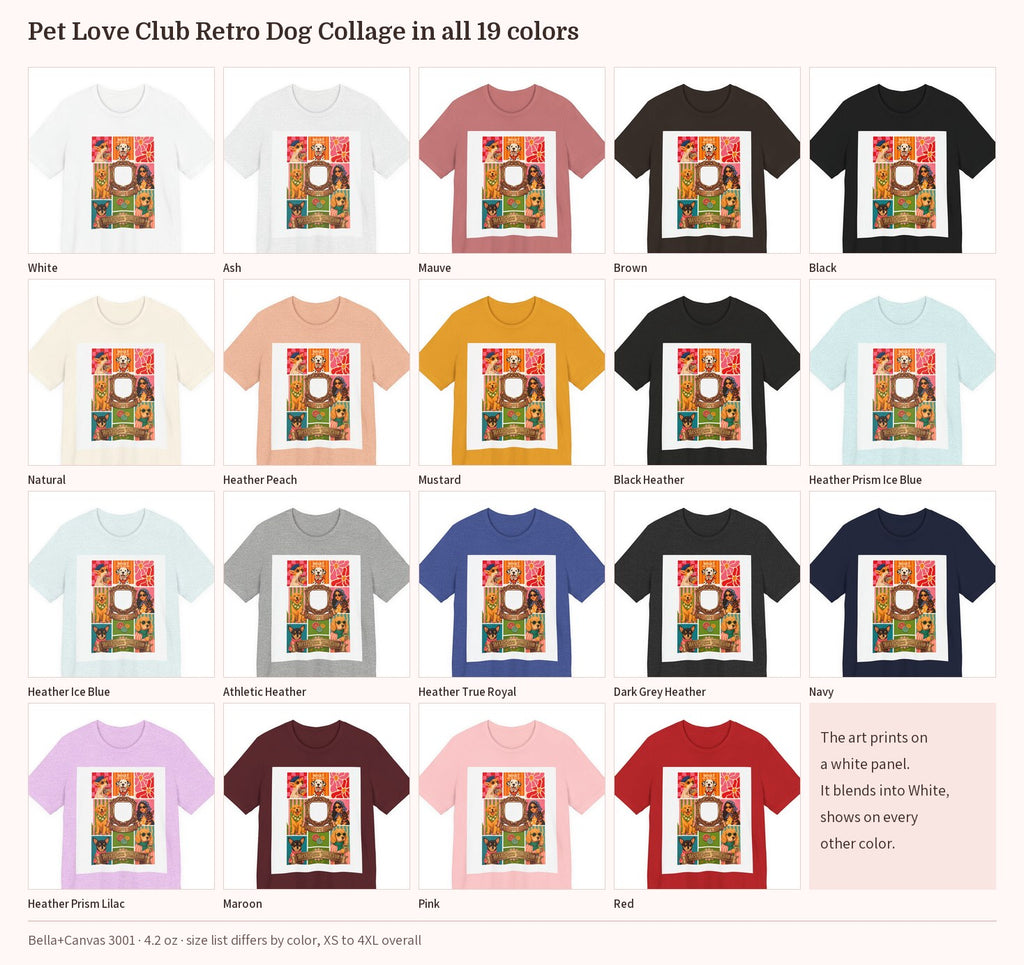 Pet Love Club Retro Dog Collage T-Shirt in all 19 colors side by side, print panel visible on every color except White