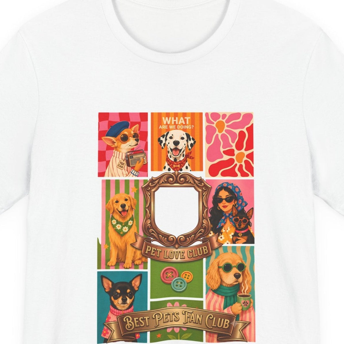 Close-up of the Pet Love Club Retro Dog Collage print on the White tee, rendered from the print file