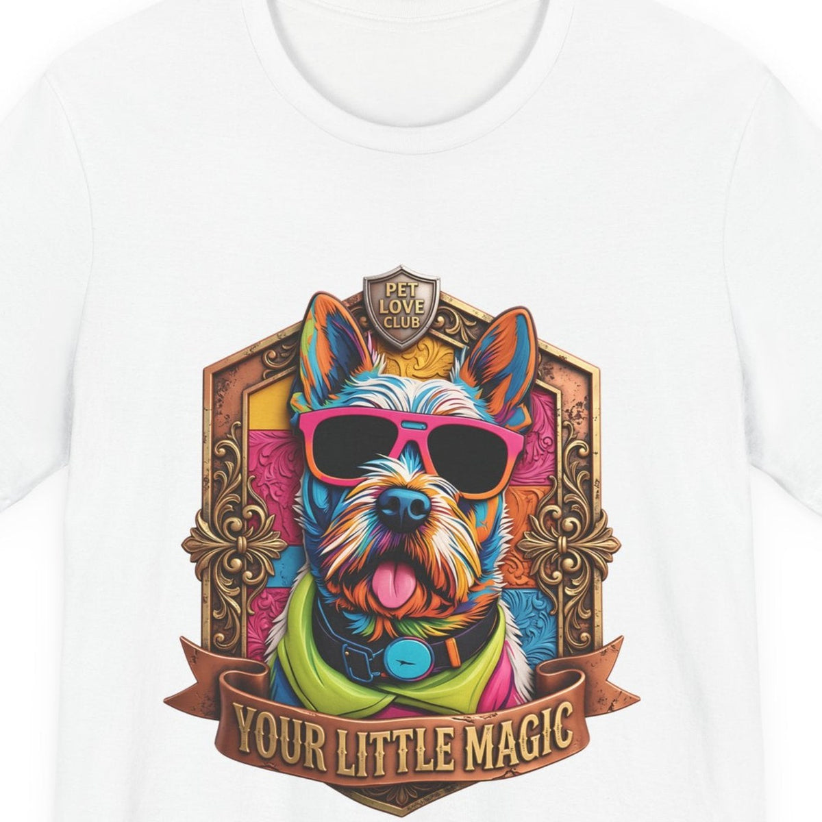 Close-up of the Your Little Magic Terrier in Sunglasses print on the White tee, rendered from the print file
